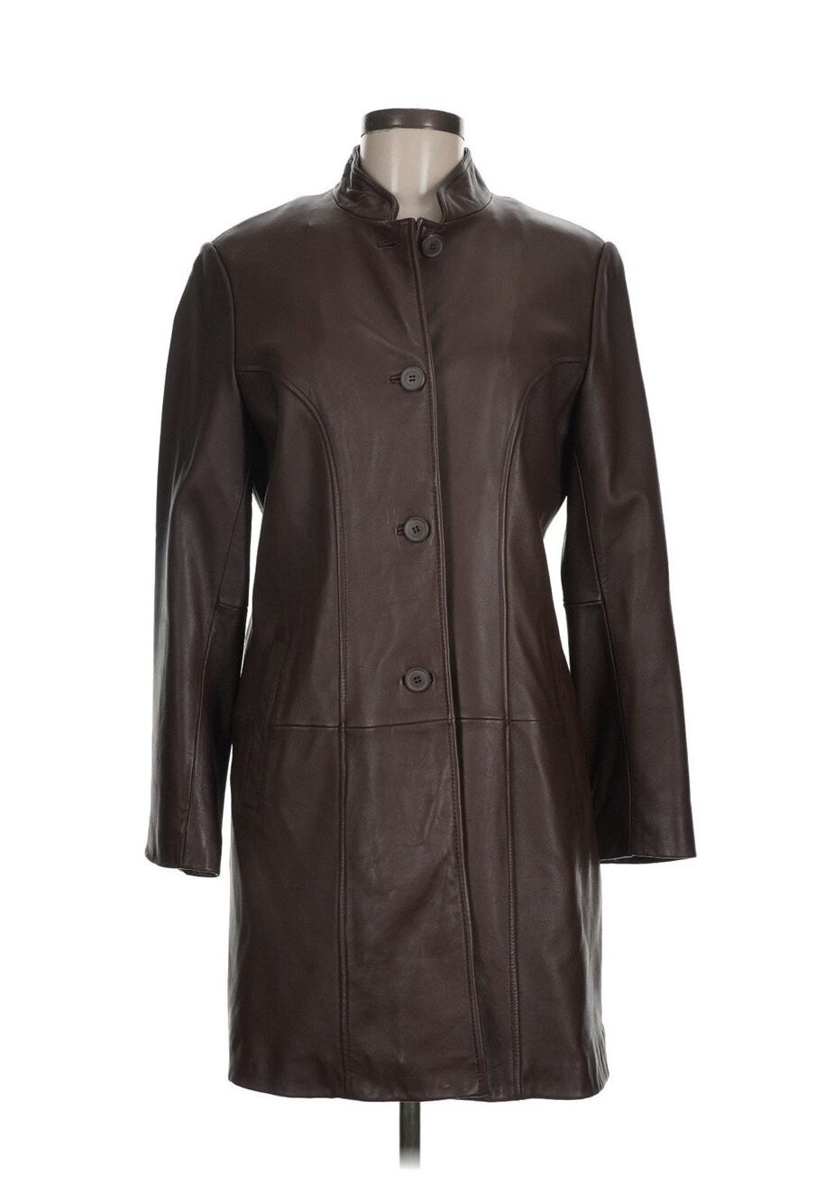 VTG Tibor Brown Leather Trench Car Coat SOFT Buttons Structured 8